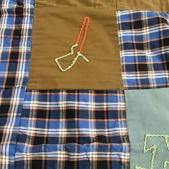 Homemade Plaid Squares Western Corduroy Squares Vintage Quilt 25 In x 54 In - Picture 9 of 14